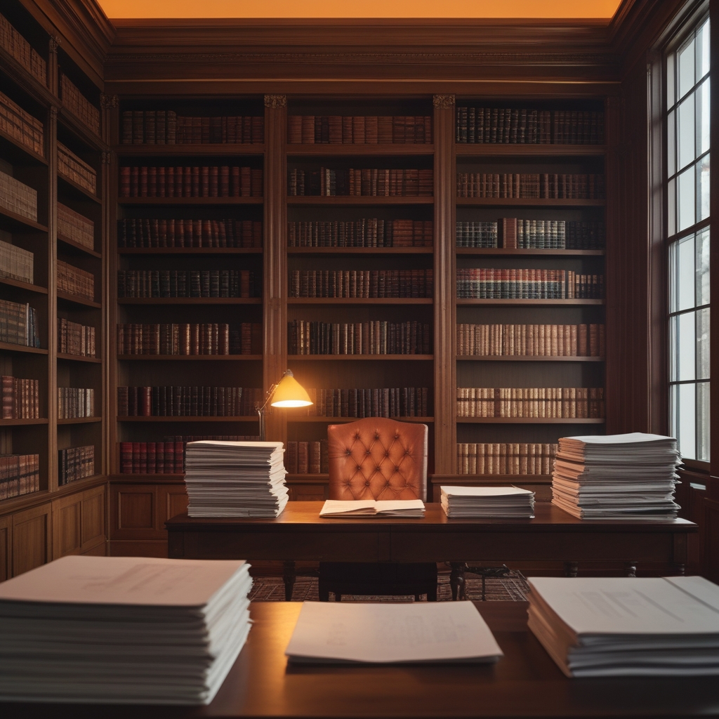 Quiet reading room interior with floor-to-ceiling wooden bookshelves filled with reference volumes, a large reading desk with warm lamp light casting a golden glow across stacked research papers