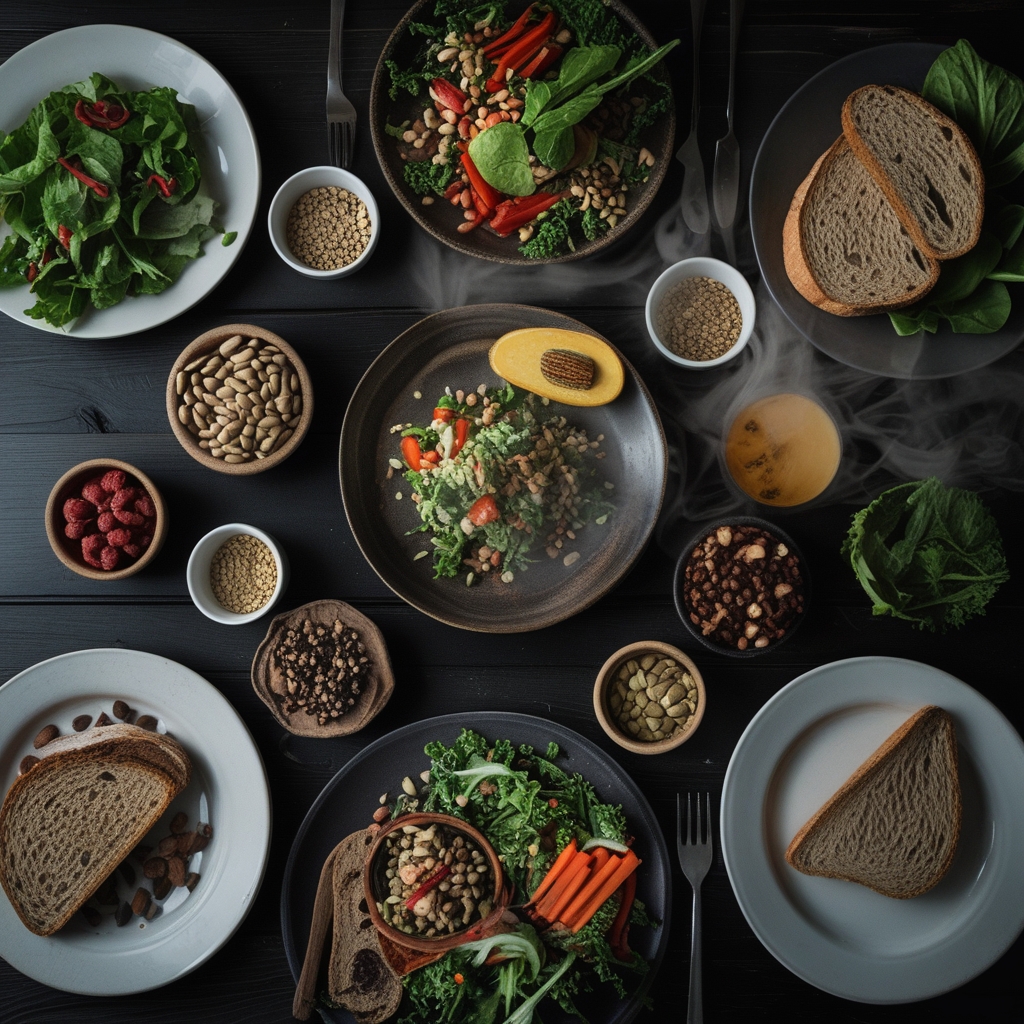 Overhead view of a balanced meal spread on a dark wooden table including whole grain bread, mixed green salad, legumes in bowls, nuts, seeds and fresh vegetables in natural light