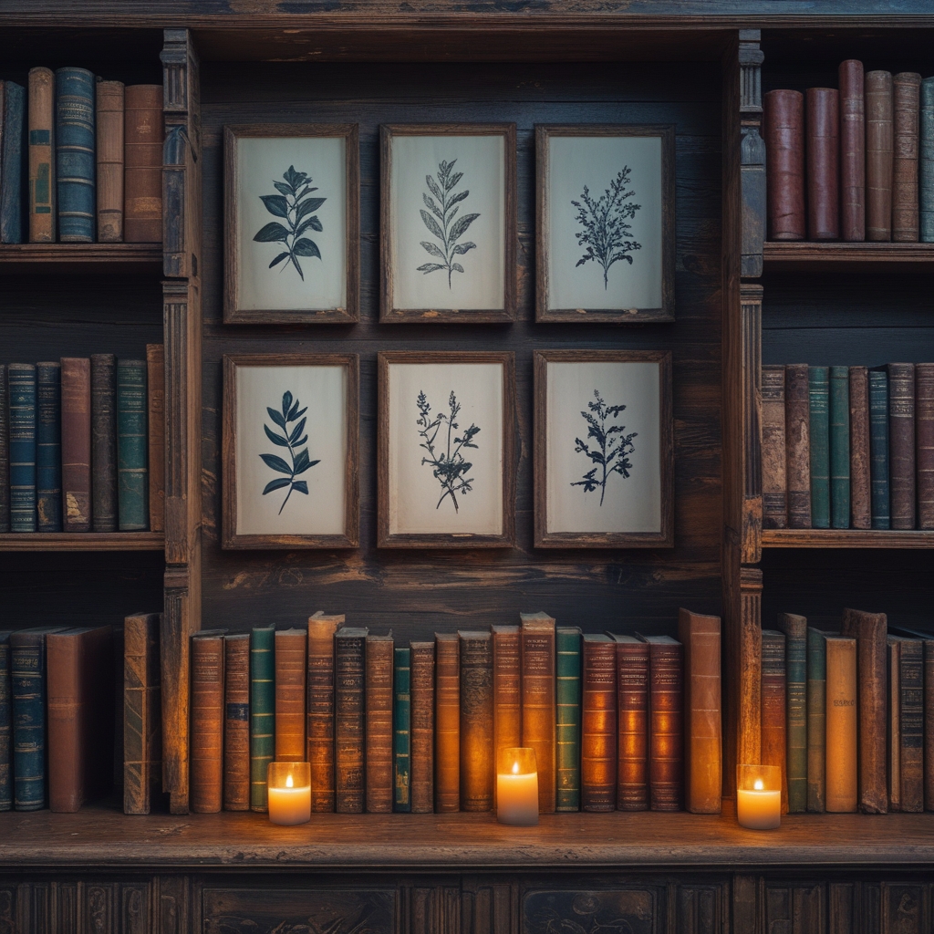 Antique wooden bookshelf filled with old leather-bound books and botanical illustration prints in warm candlelight, creating an atmosphere of accumulated knowledge and scholarly research