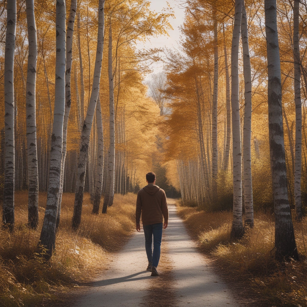 Man walking along a wide sunlit forest path surrounded by tall birch trees with autumn golden leaves, peaceful natural setting with dappled light on the ground